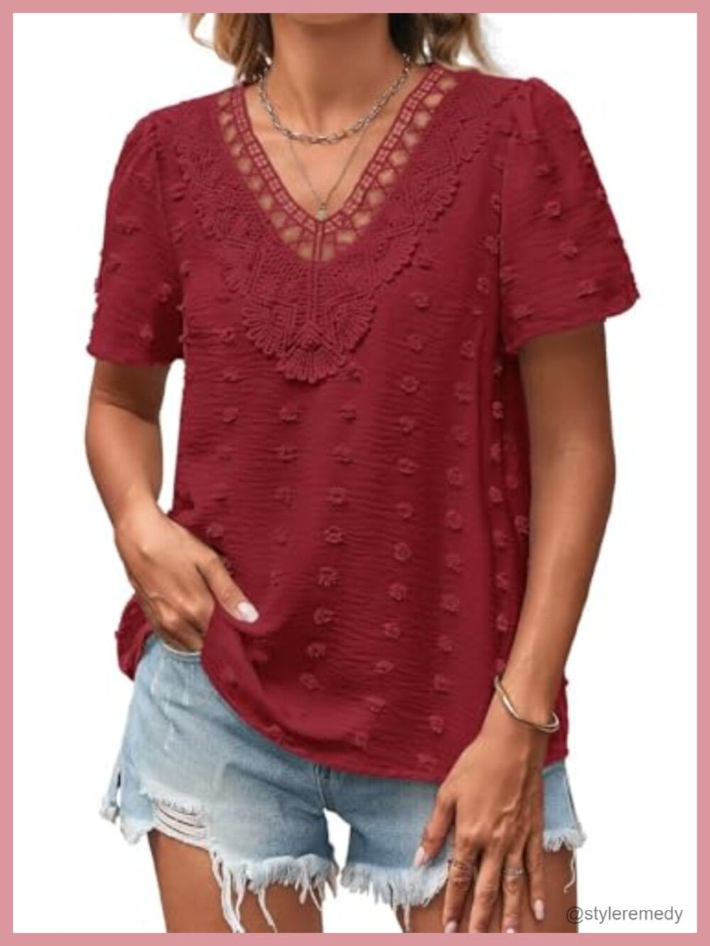 Falechay Boho Swiss Dot V-Neck Short Sleeve Tunic Blouse